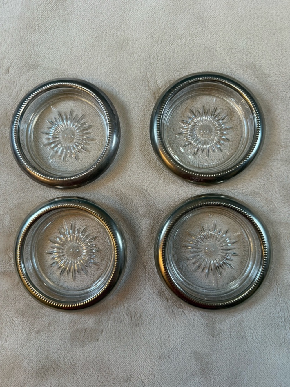 Set of 4 Vintage Leonard Italy Silver Plated Glass Coasters